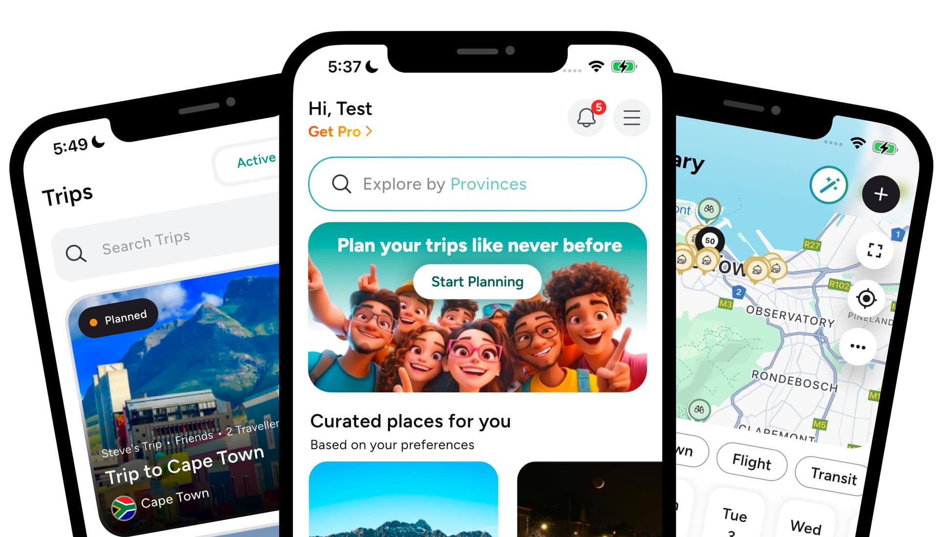 Travafa app screens: an AI-generated trip, curated places, and an itinerary map